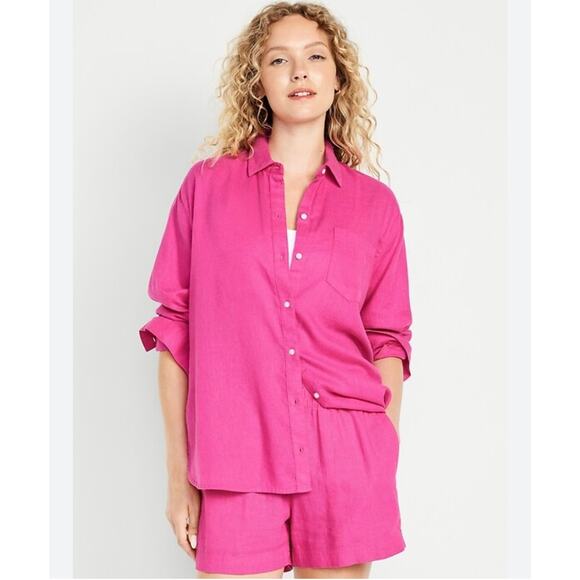 NWOT Old Navy Women's Oversized Linen Boyfriend Shirt in Pink Size Medium - Picture 1 of 4